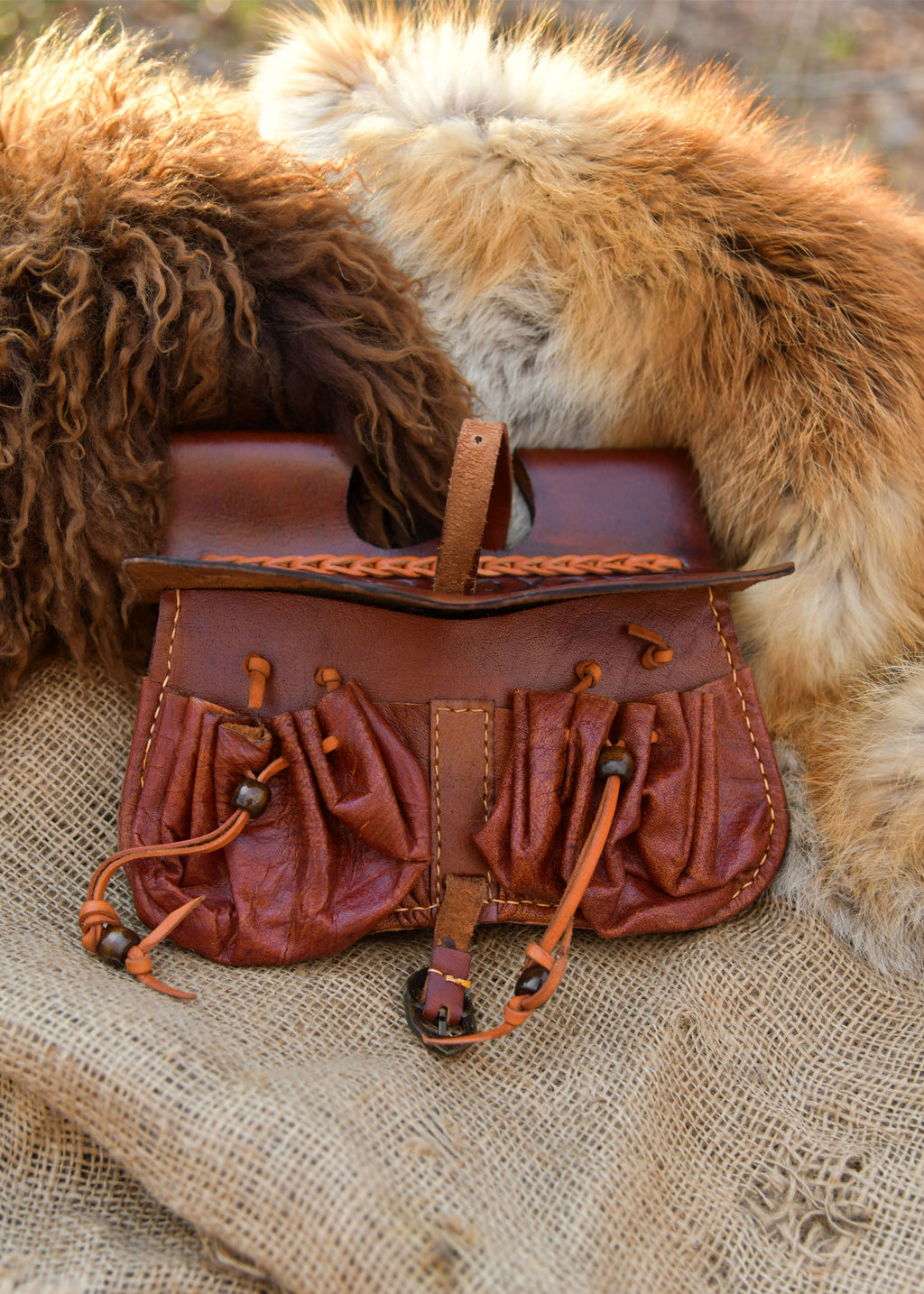 Spätmittelalter Gürteltasche mit Beuteln aus Leder