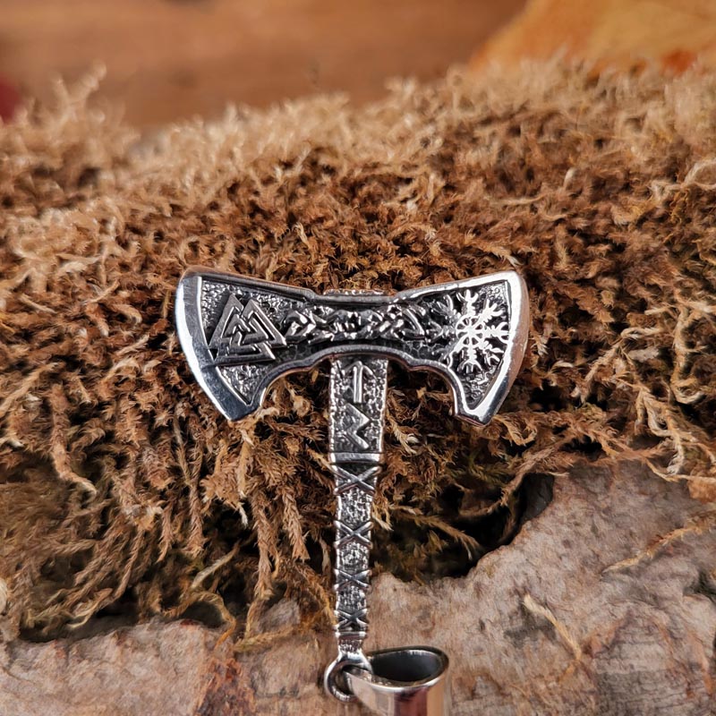 Asatru Amulett Doppelaxt mit Valknut & Vegvisir aus Silber