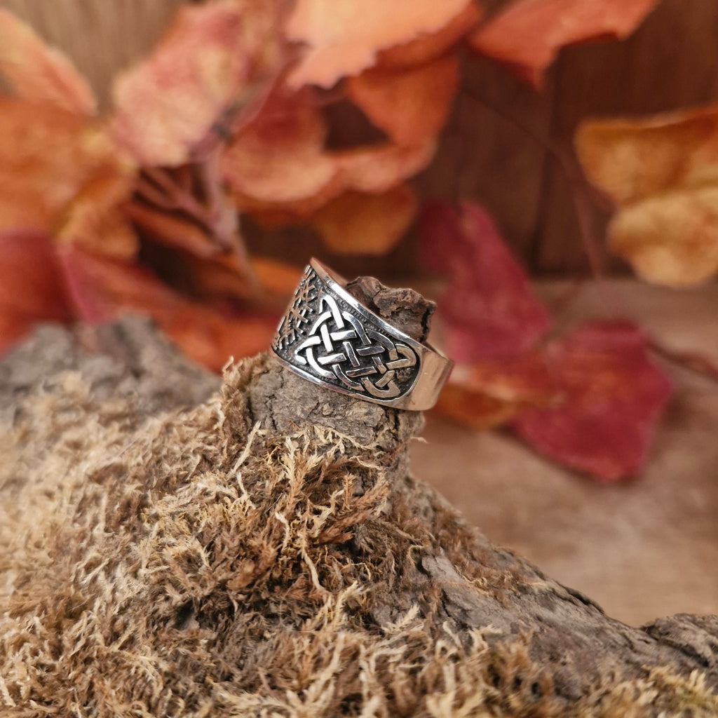 Asatru Silver Ring with Vegvisir and Knot Pattern