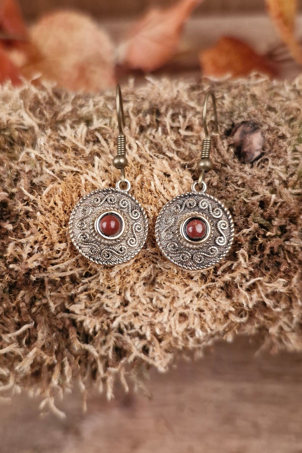 Bronze Earrings with Spirals & Stone