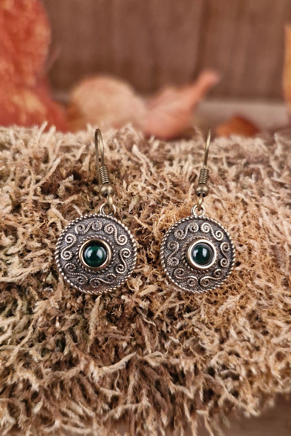 Bronze Earrings with Spirals & Stone