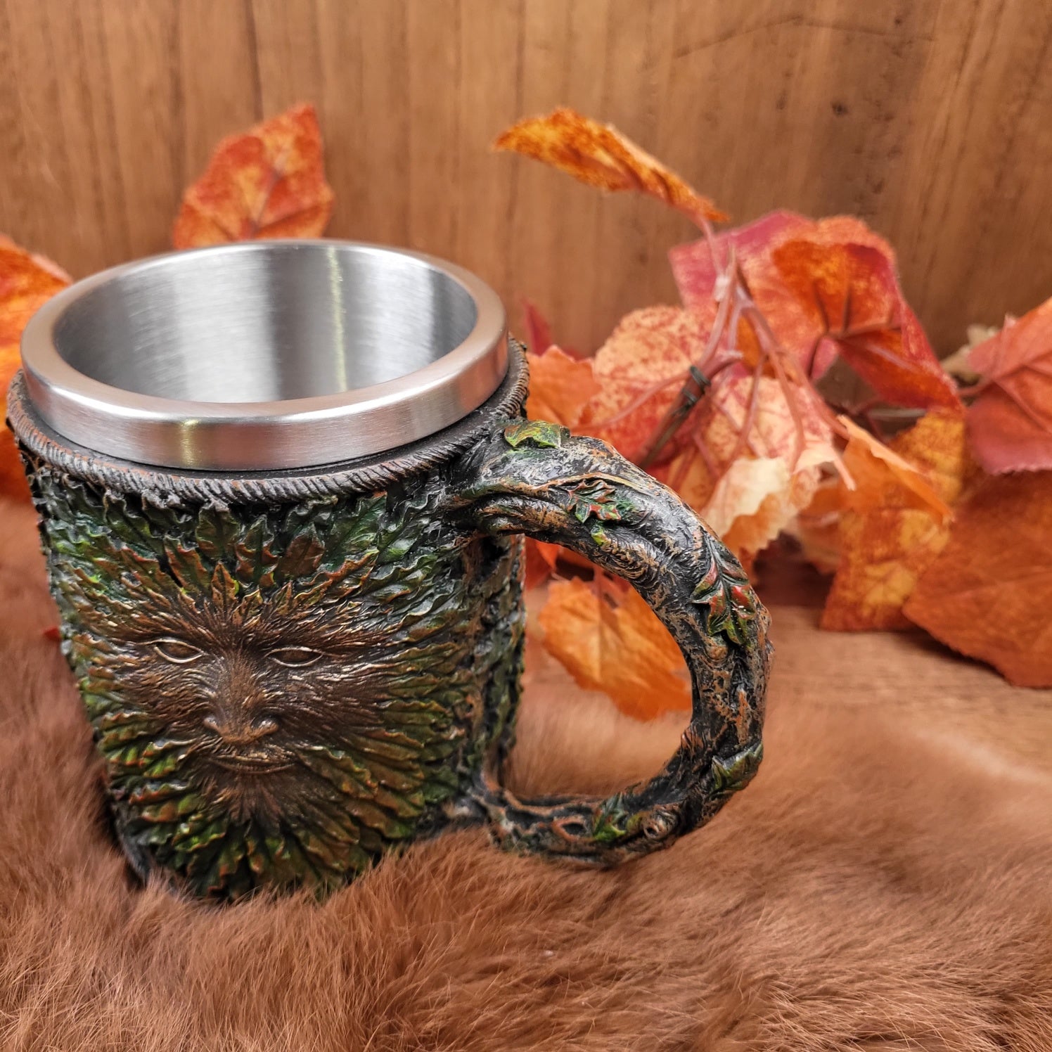 Großer Fantasy Krug Green Man mit Edelstahleinsatz