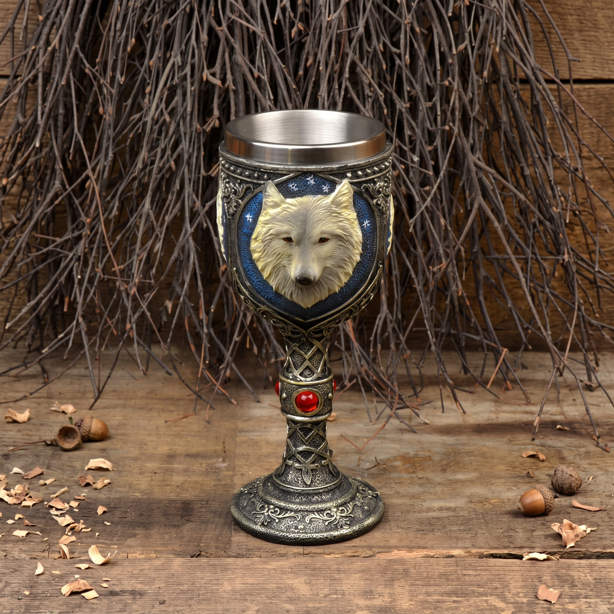 Fantasy Goblet Wolf Head with Stainless Steel Insert - hand-painted