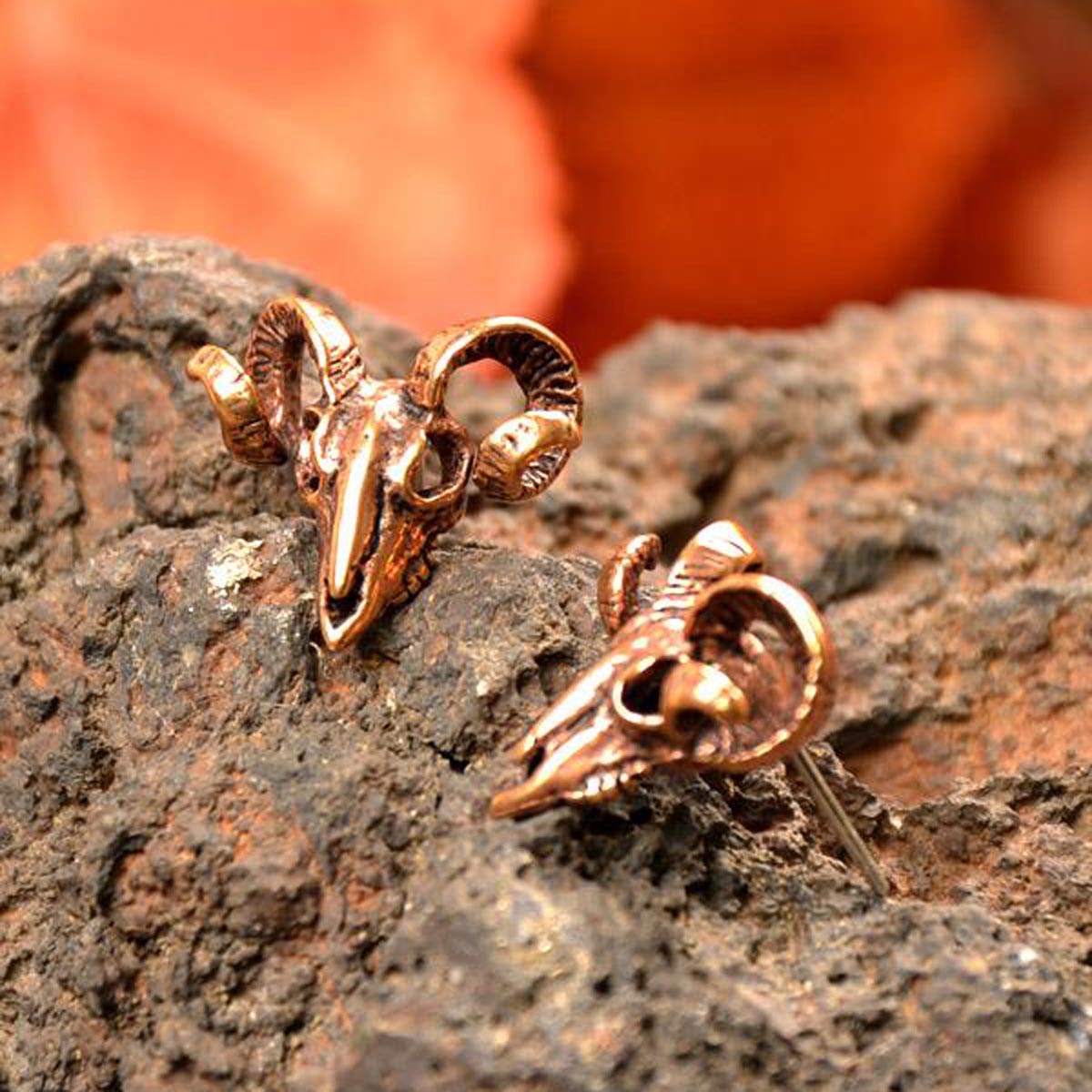 Germanic Ram Skull Bronze Stud Earrings
