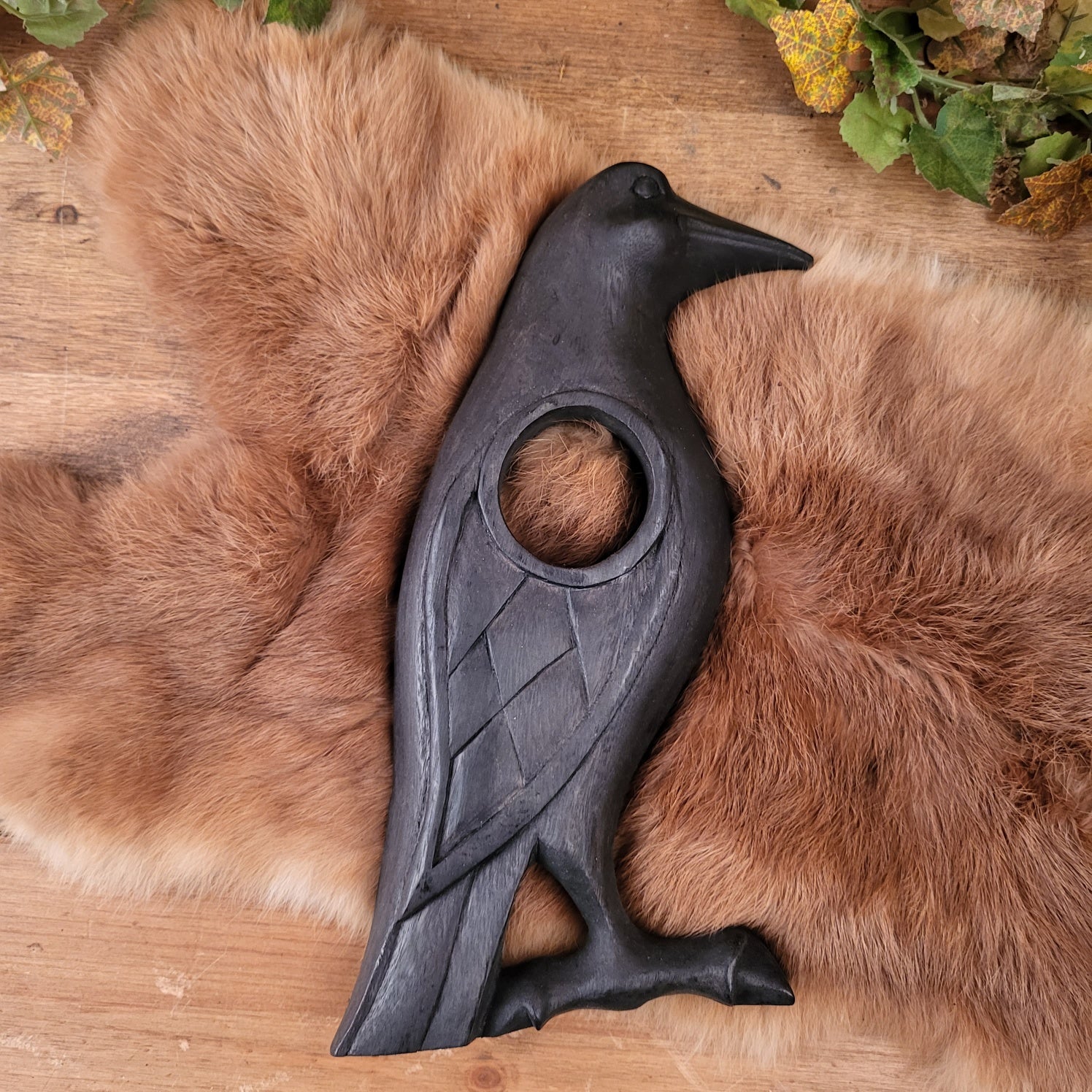 Germanic Drinking Horn Stand Odin's Raven Made of Wood