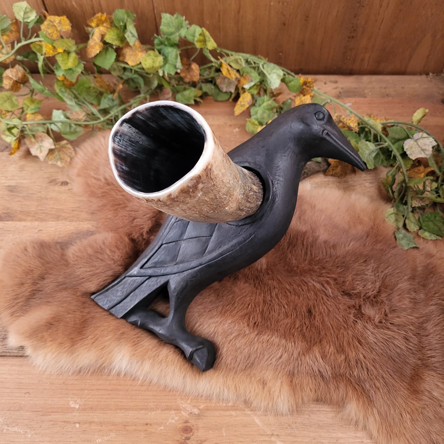 Germanic Drinking Horn Stand Odin's Raven Made of Wood