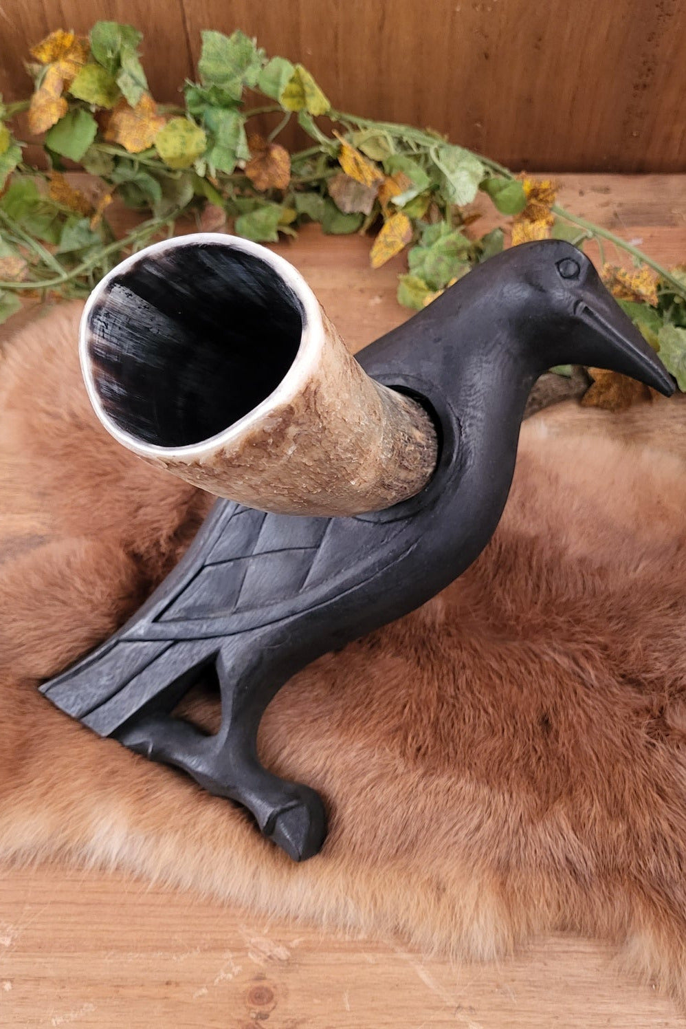 Germanic Drinking Horn Stand Odin's Raven Made of Wood