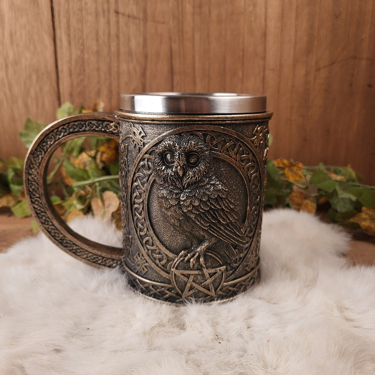 Großer Wicca Krug Eule mit Pentagramm - handbemalt