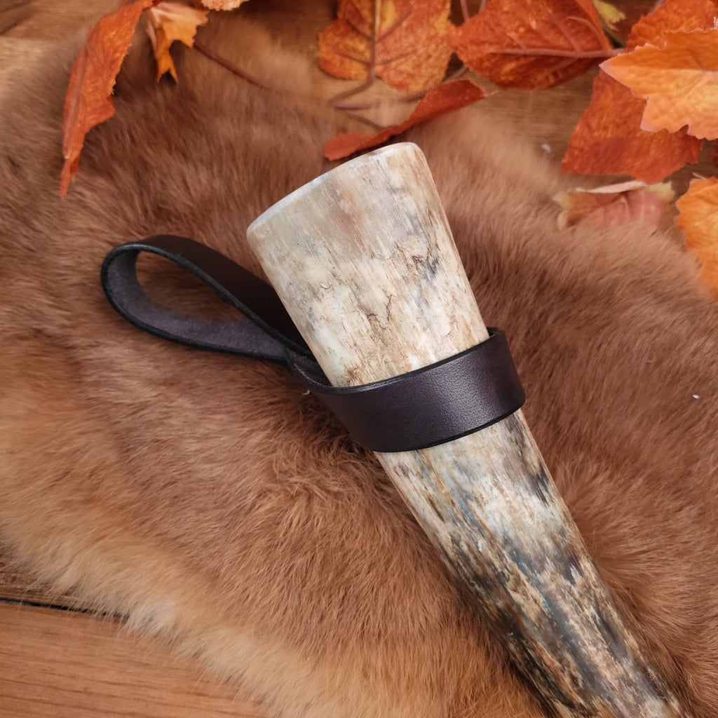Belt holder for drinking horn made of buffalo leather