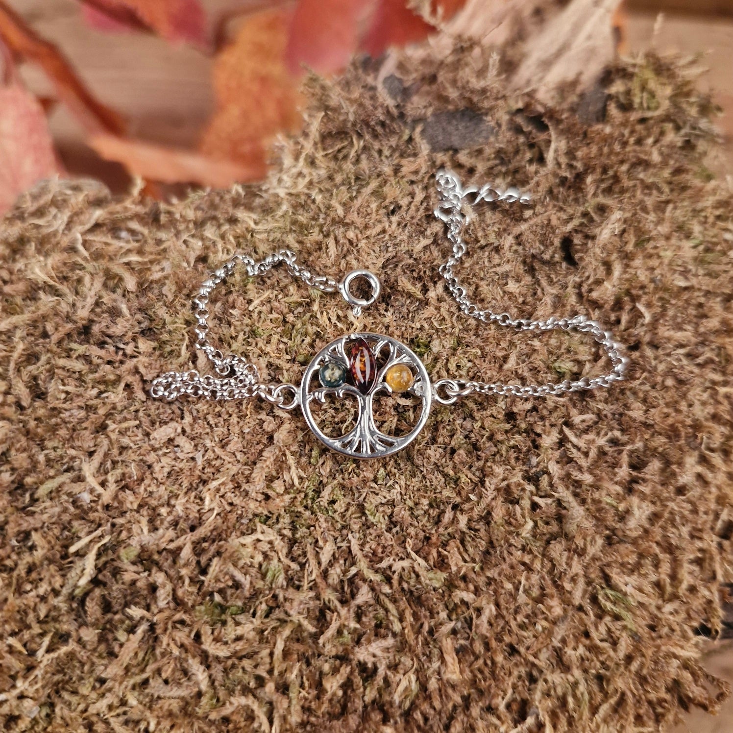 Handkette Lebensbaum mit Bernstein aus 925 rhodiniertem Silber