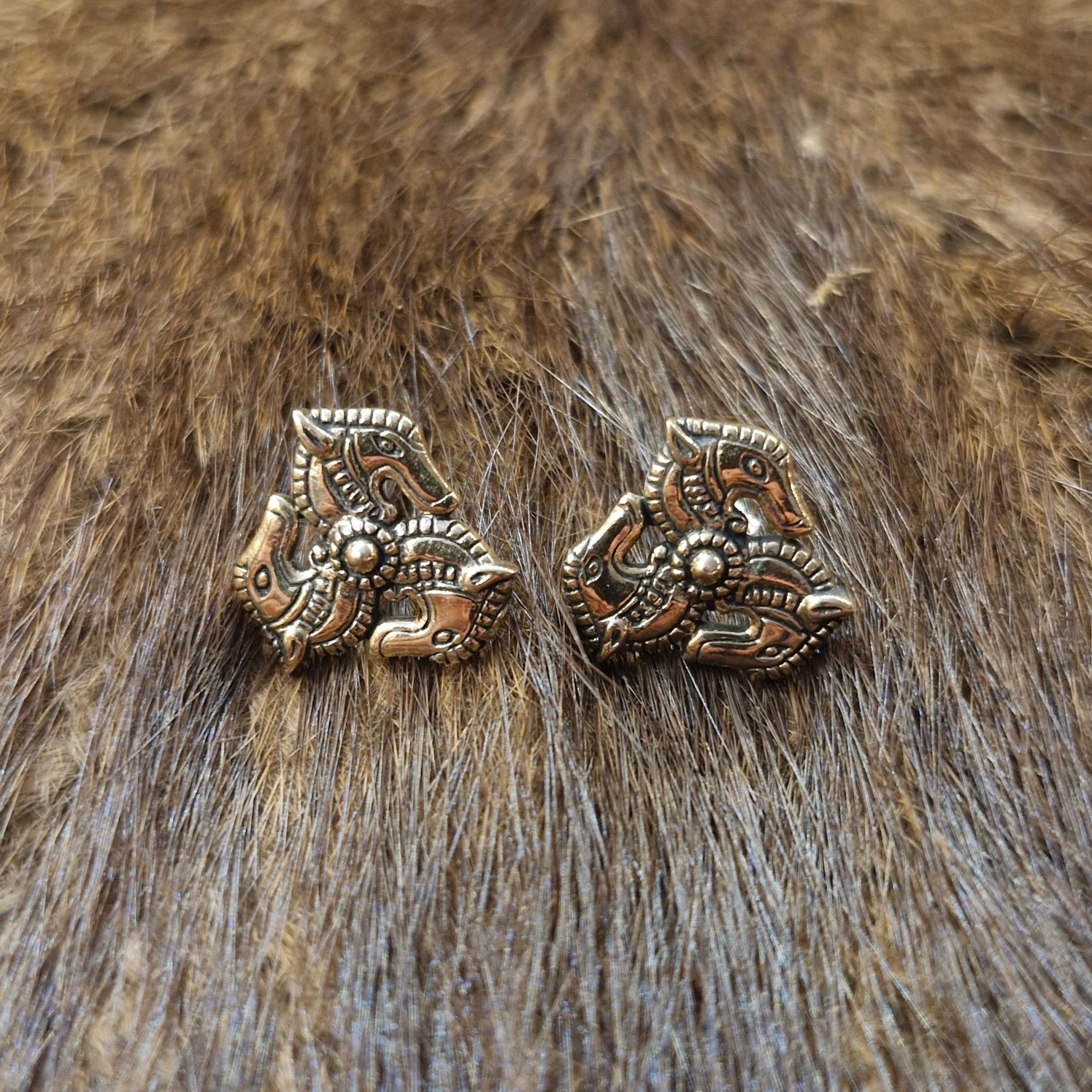 Celtic Triskele Stud Earrings with Horse Heads Made of Bronze