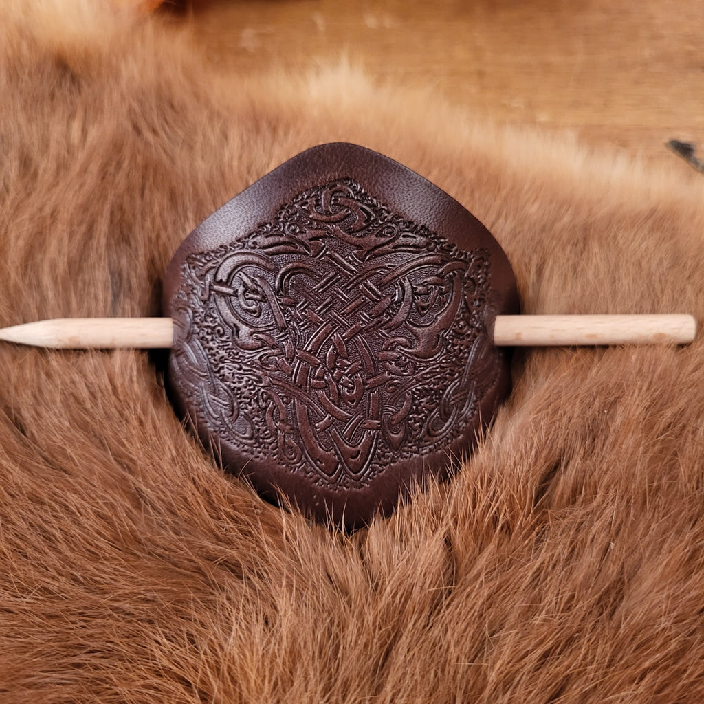 Celtic leather hair clip with embossing and wooden stick