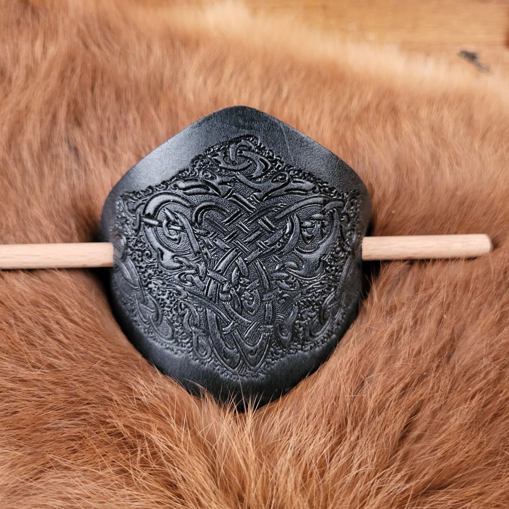 Celtic leather hair clip with embossing and wooden stick