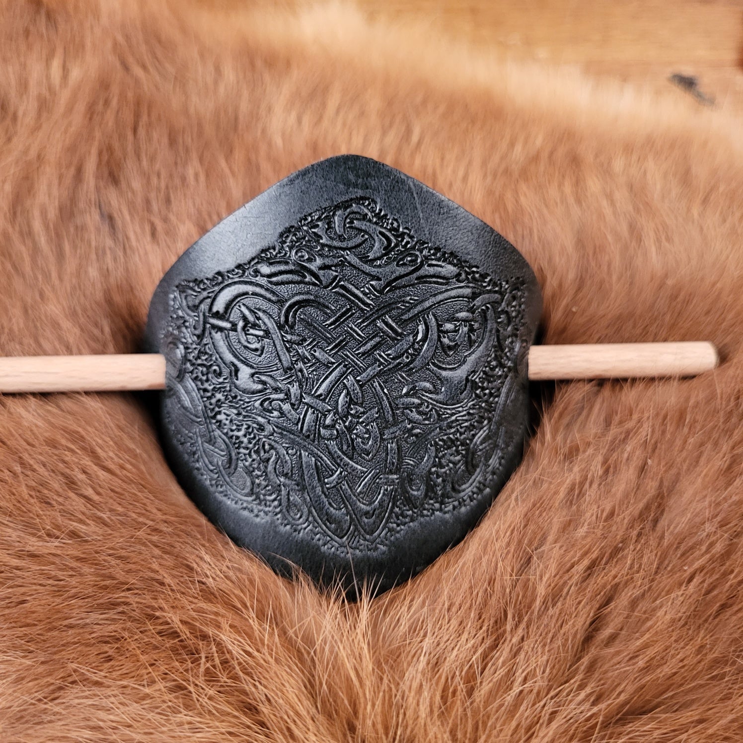 Celtic leather hair clip with embossing and wooden stick
