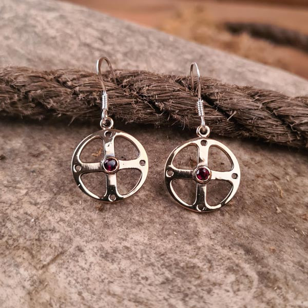 Celtic Sun Wheel Earrings with Garnet in Bronze