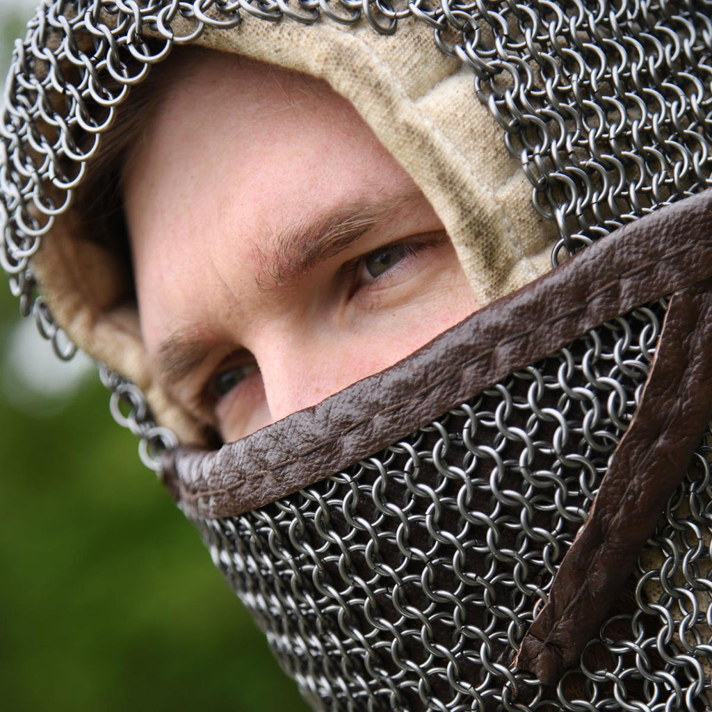 Chainmail coif with face guard made of spring steel