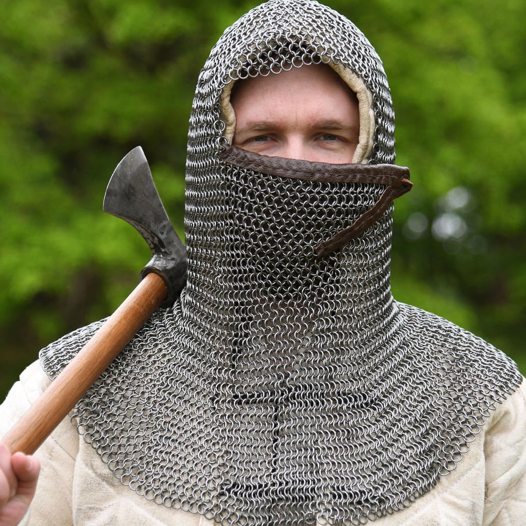 Chainmail coif with face guard made of spring steel