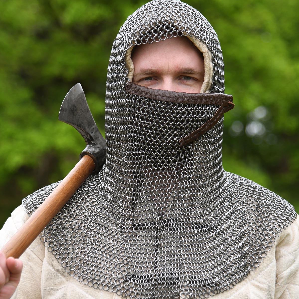 Chainmail coif with face guard made of spring steel