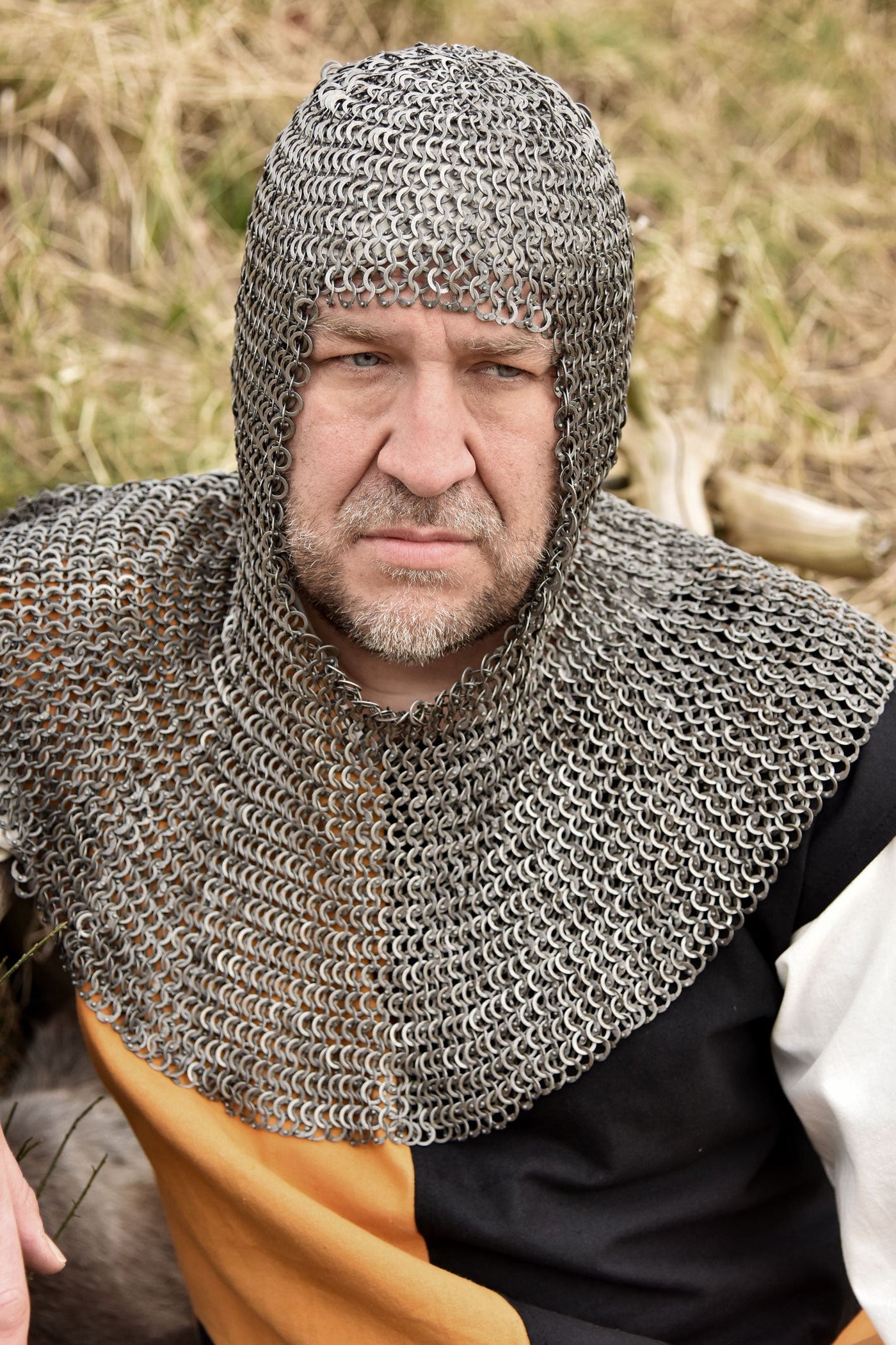 Kettenhaube aus Federstahl ID 8mm Flachringe vernietet für Schaukampf
