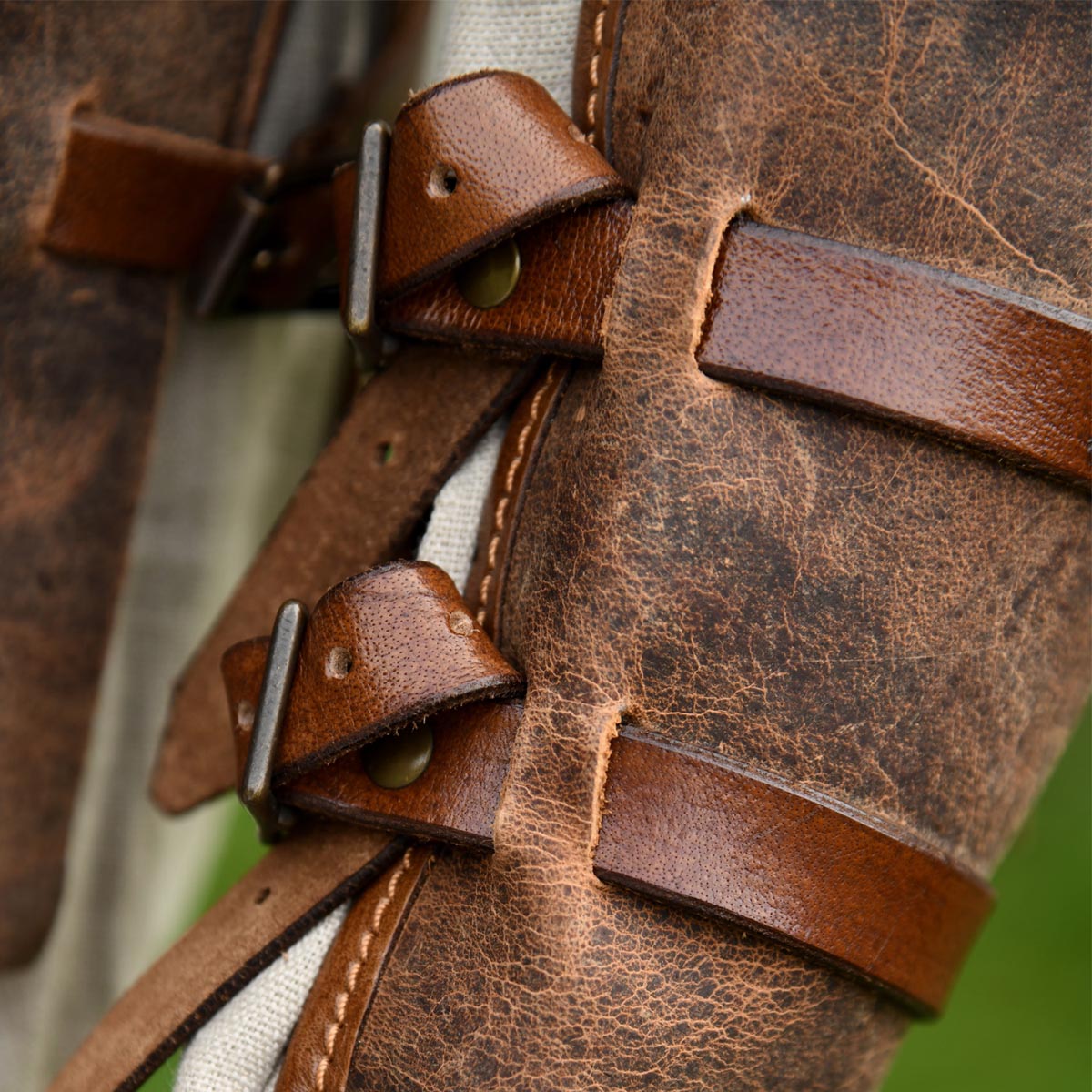 Medieval greaves made of strong leather, pair, brown