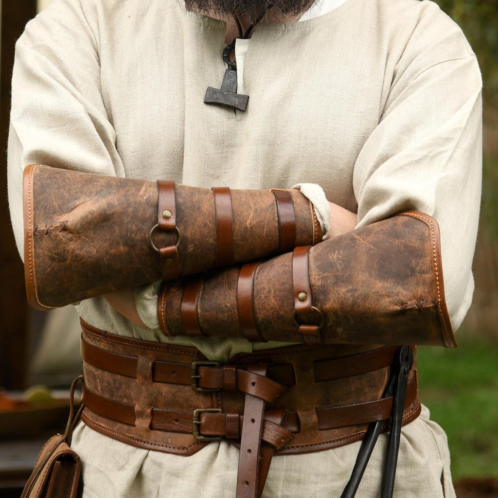 Medieval greaves made of strong leather, pair, brown