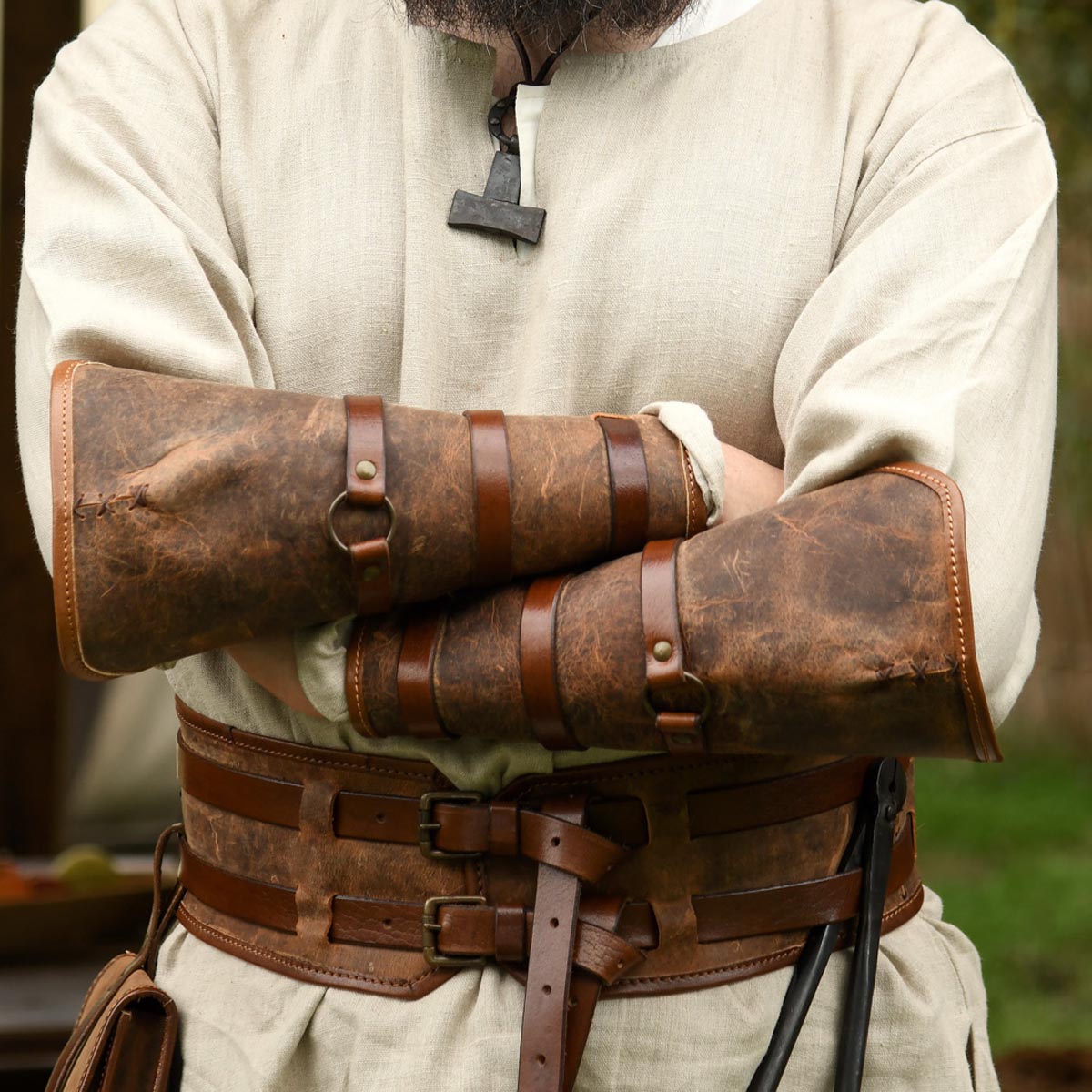 Medieval greaves made of strong leather, pair, brown