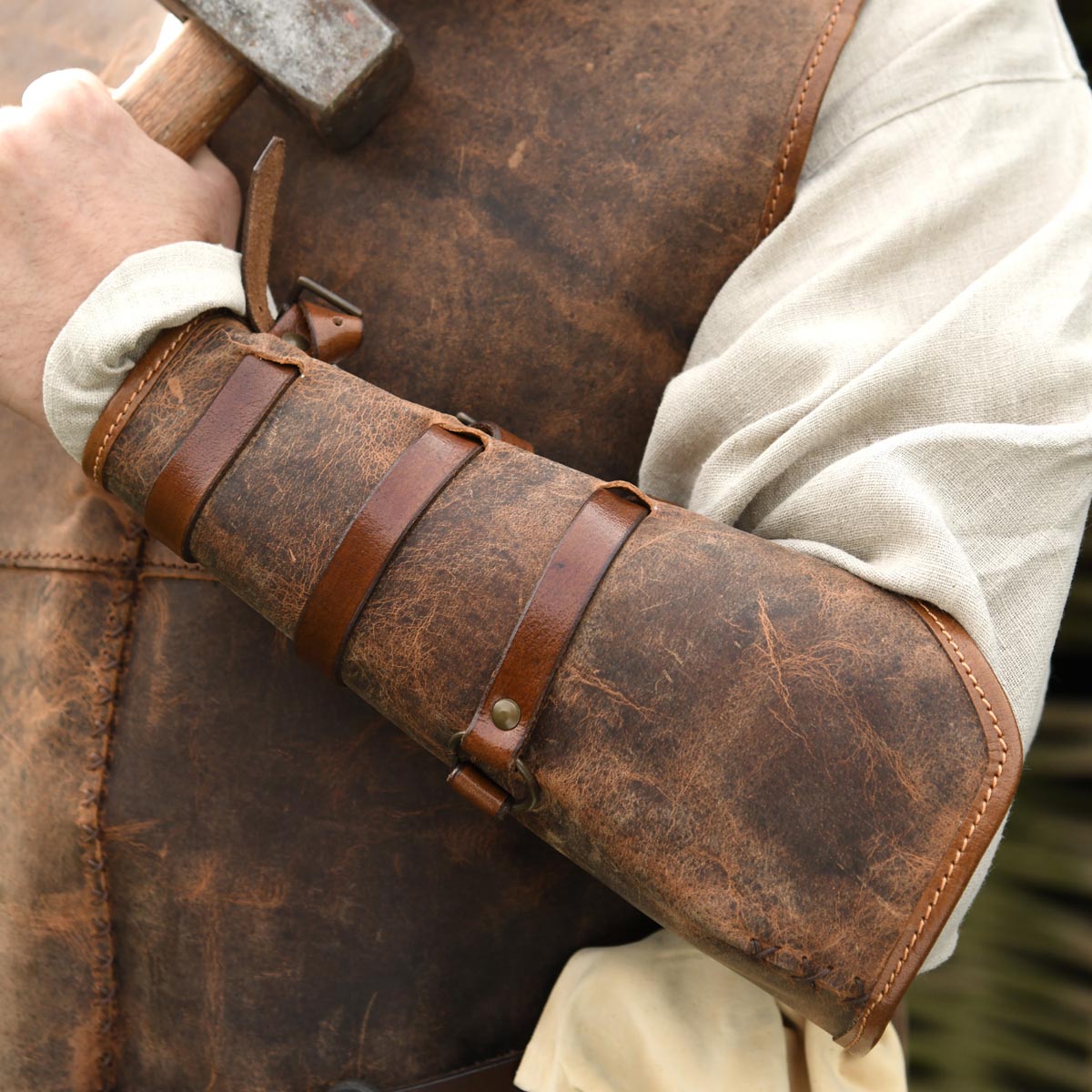 Medieval greaves made of strong leather, pair, brown