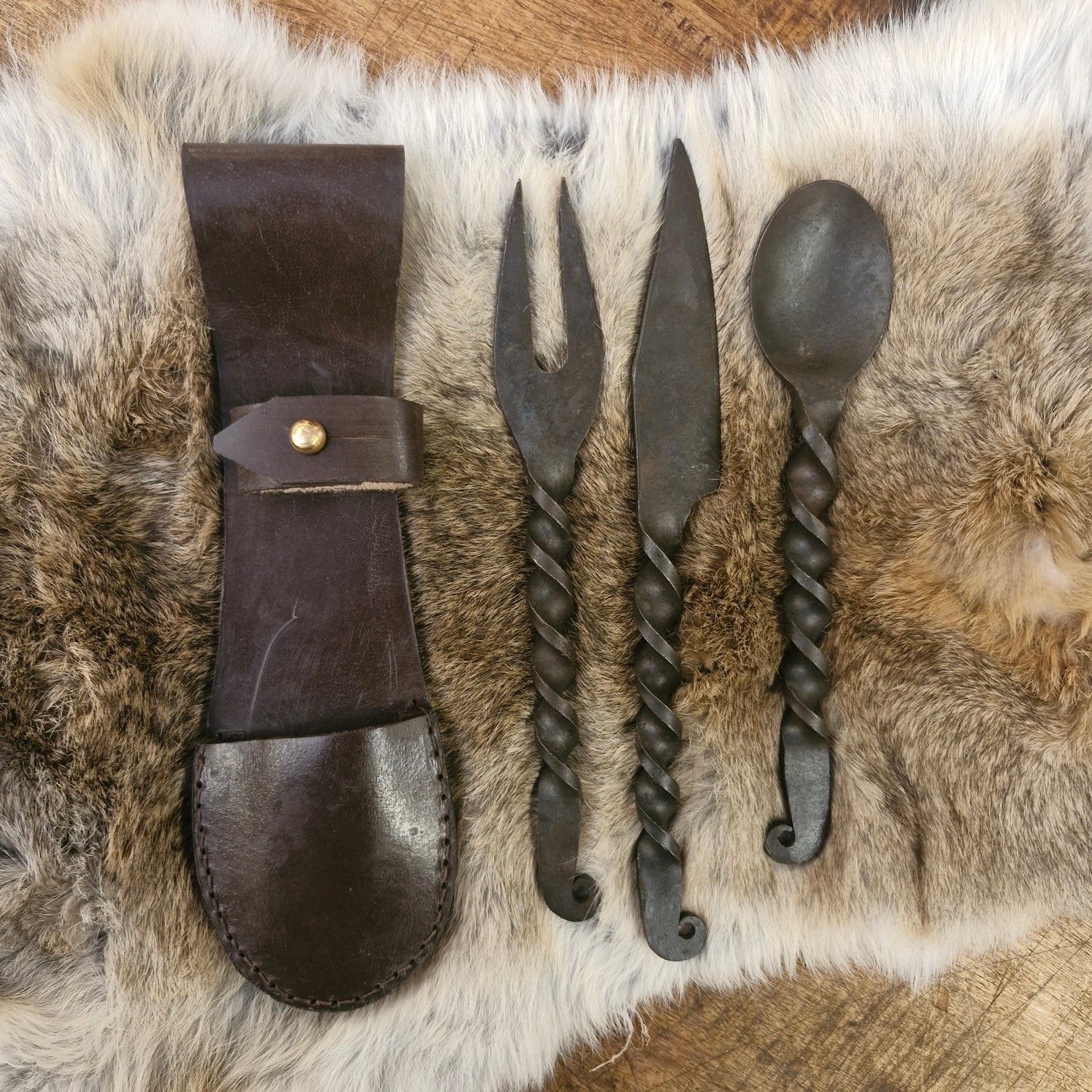 Mittelalter Besteck mit Ledertasche 3 teilig - handgeschmiedet