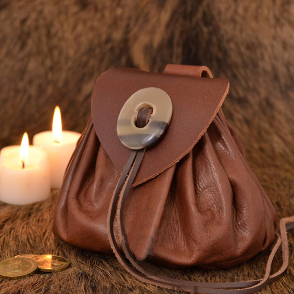 Medieval Leather Pouch with Base and Horn Button