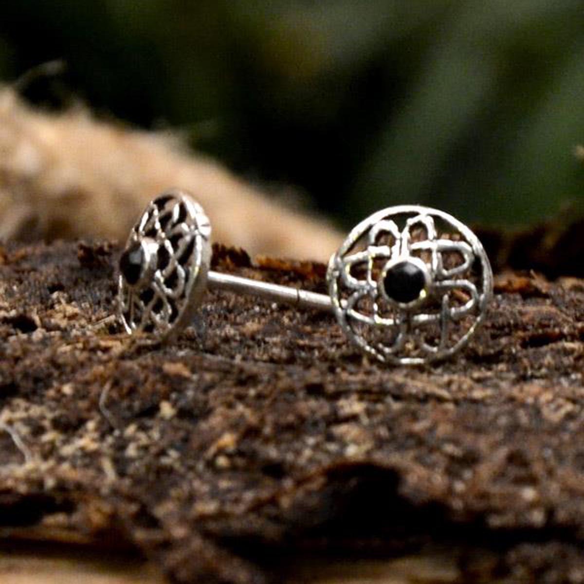Medieval Flower Stud Earrings with Black Crystal in Silver