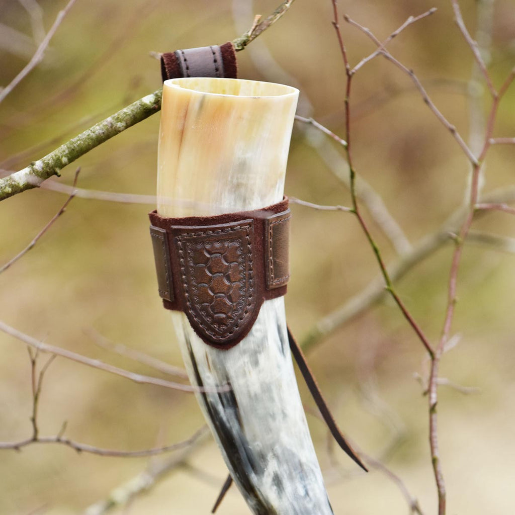 Medieval drinking horn holder with embossing made of buffalo leather brown