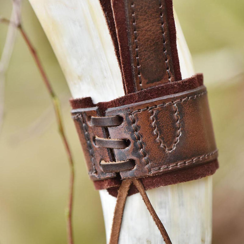 Medieval drinking horn holder with embossing made of buffalo leather brown