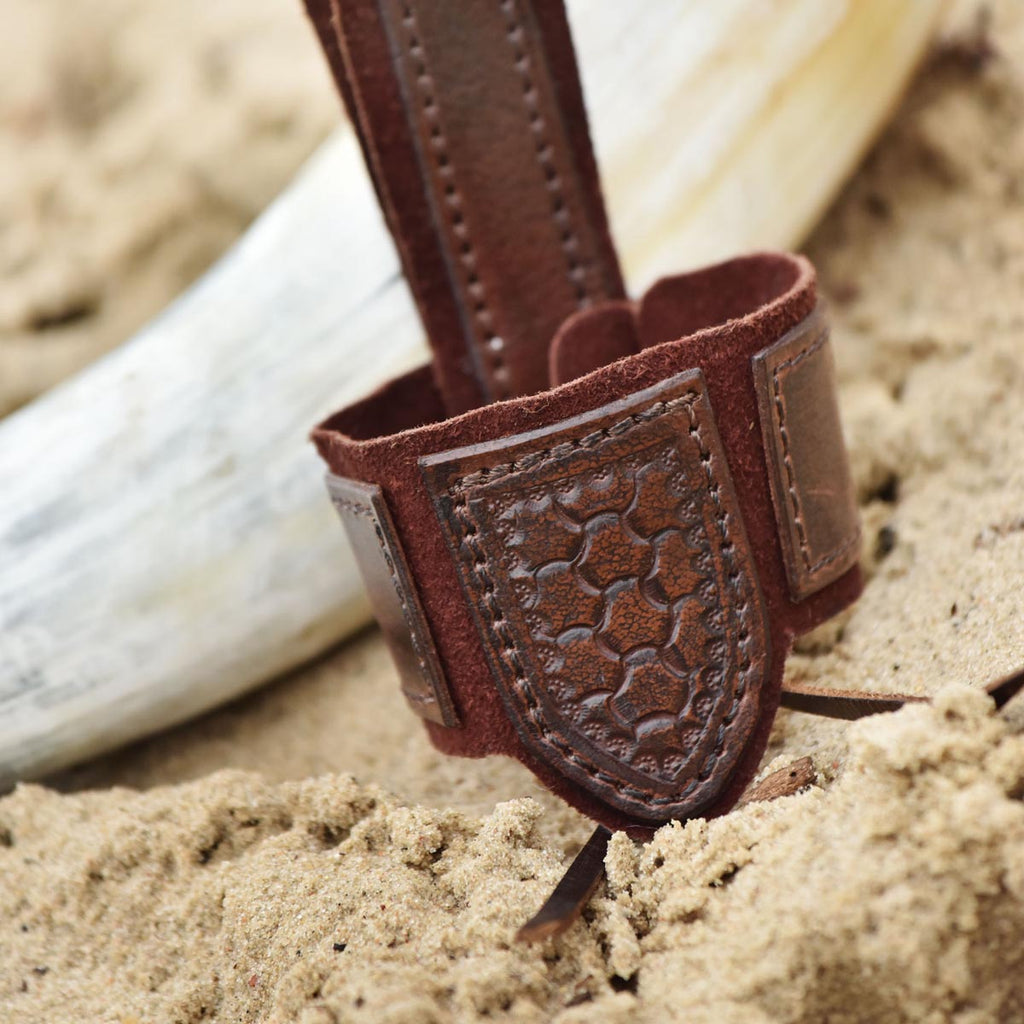 Medieval drinking horn holder with embossing made of buffalo leather brown