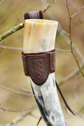 Medieval drinking horn holder with embossing made of buffalo leather brown