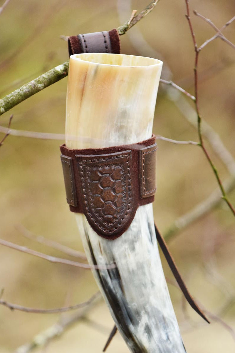 Medieval drinking horn holder with embossing made of buffalo leather brown