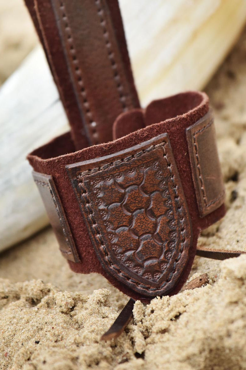 Medieval drinking horn holder with embossing made of buffalo leather brown