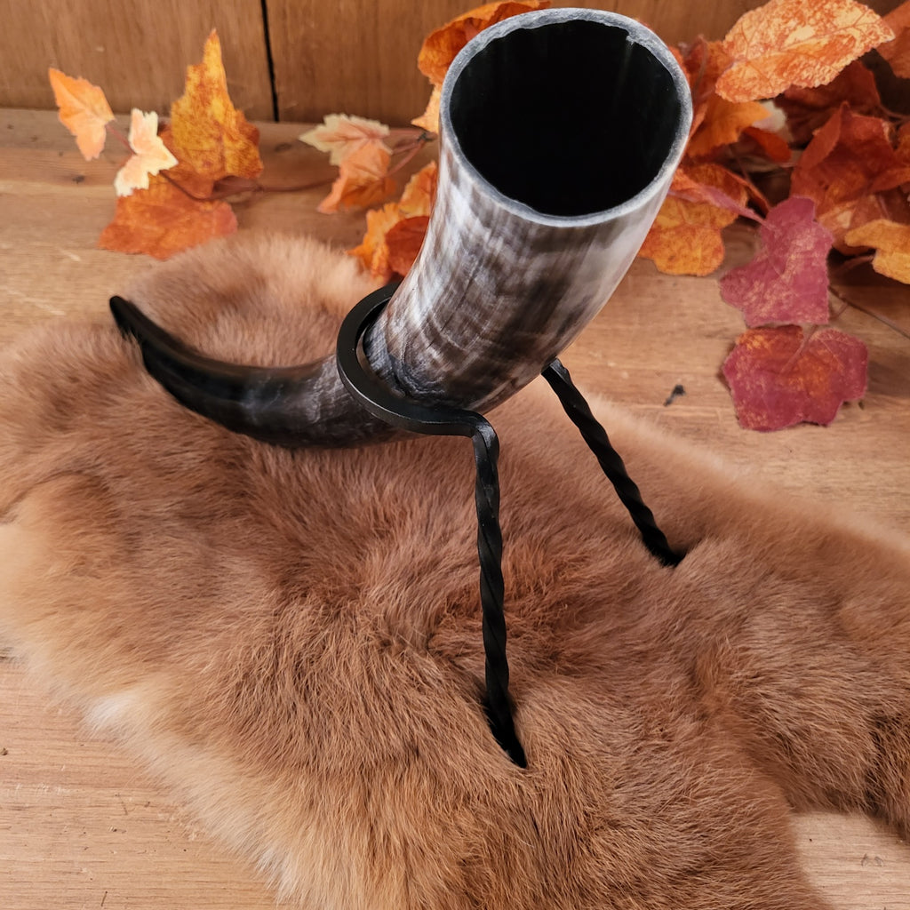 Medieval drinking horn stand made of steel for on the go