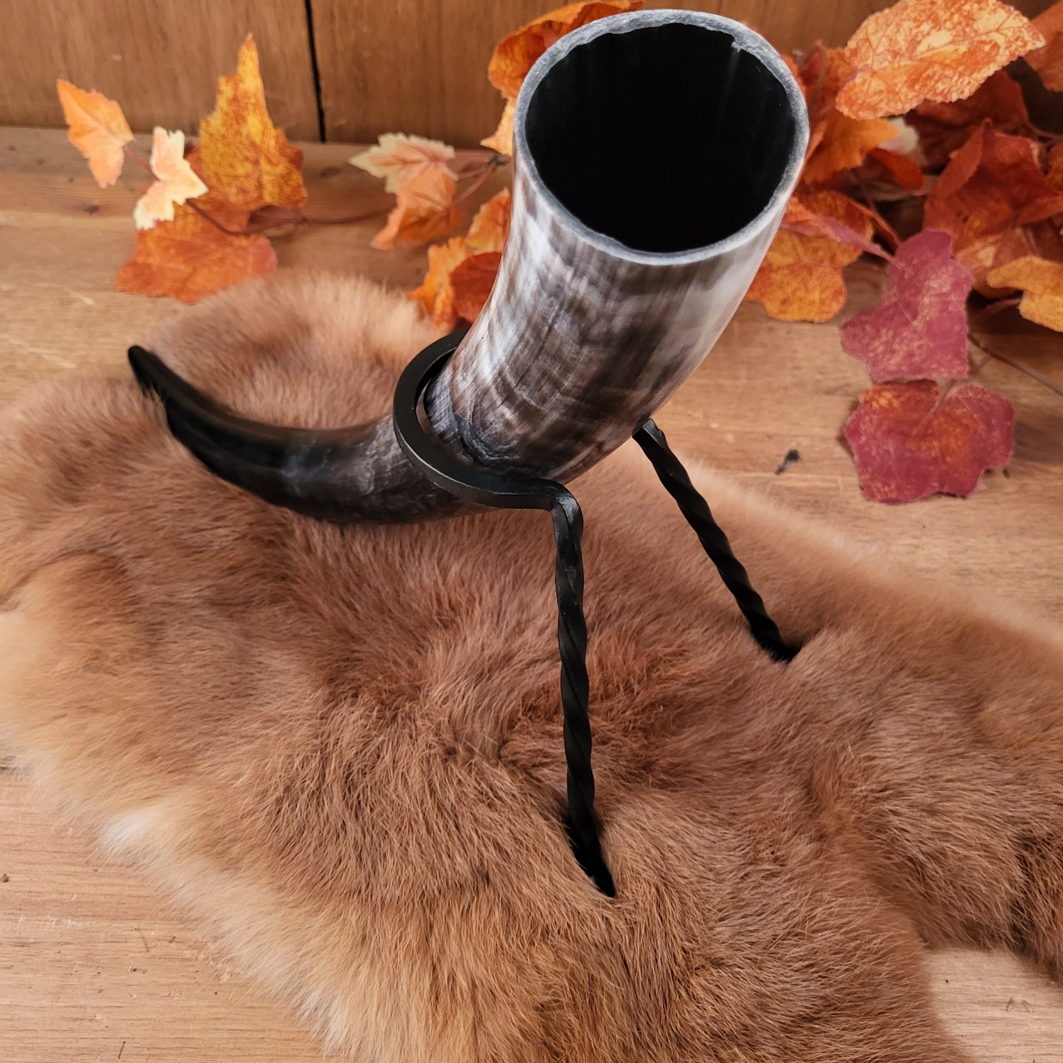Medieval drinking horn stand made of steel for on the go