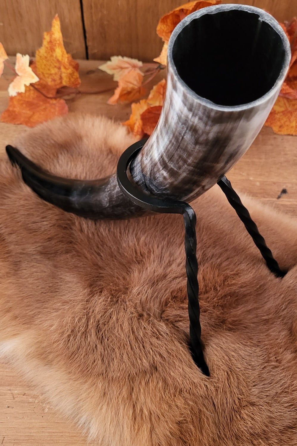 Medieval drinking horn stand made of steel for on the go