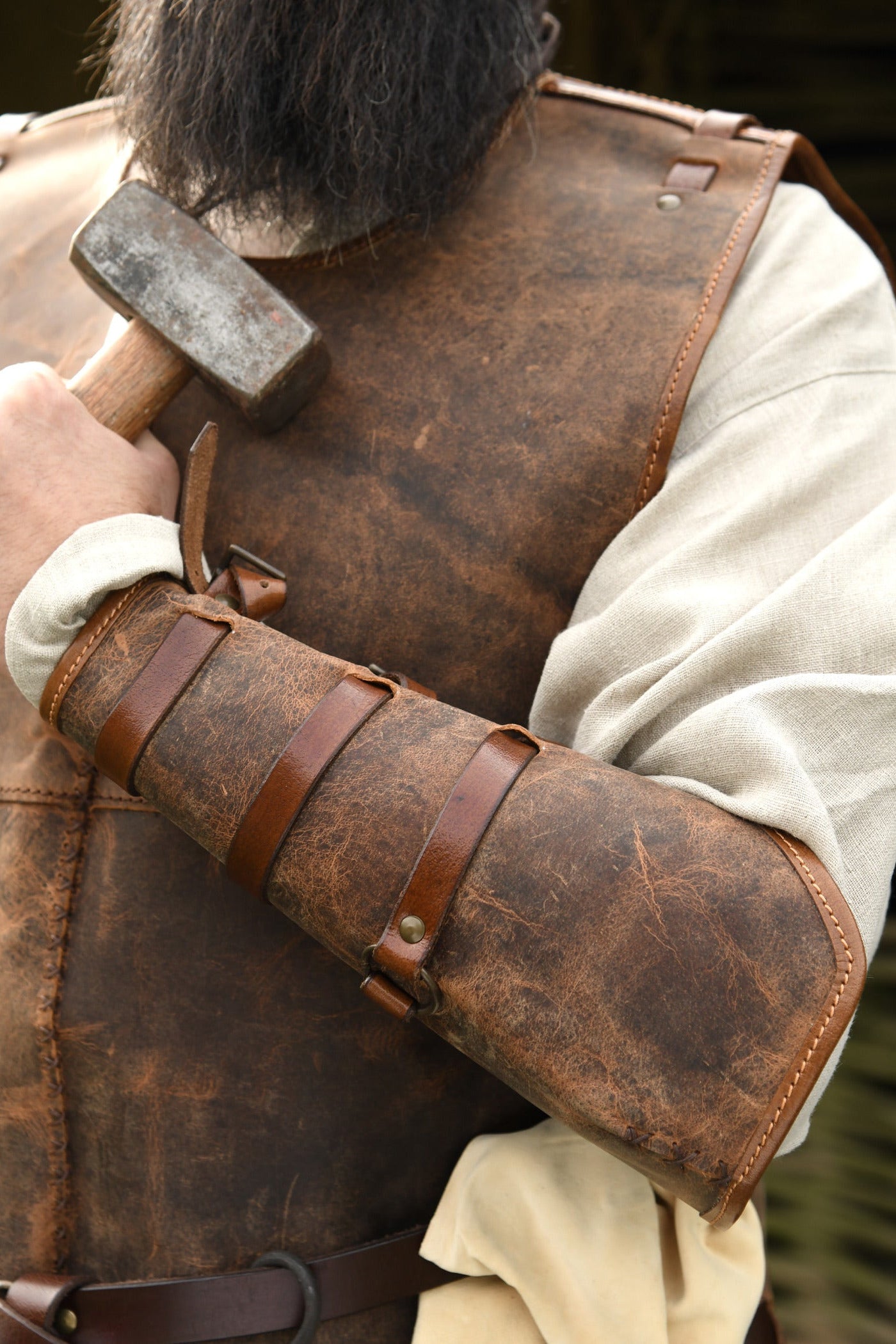 Medieval greaves made of strong leather, pair, brown