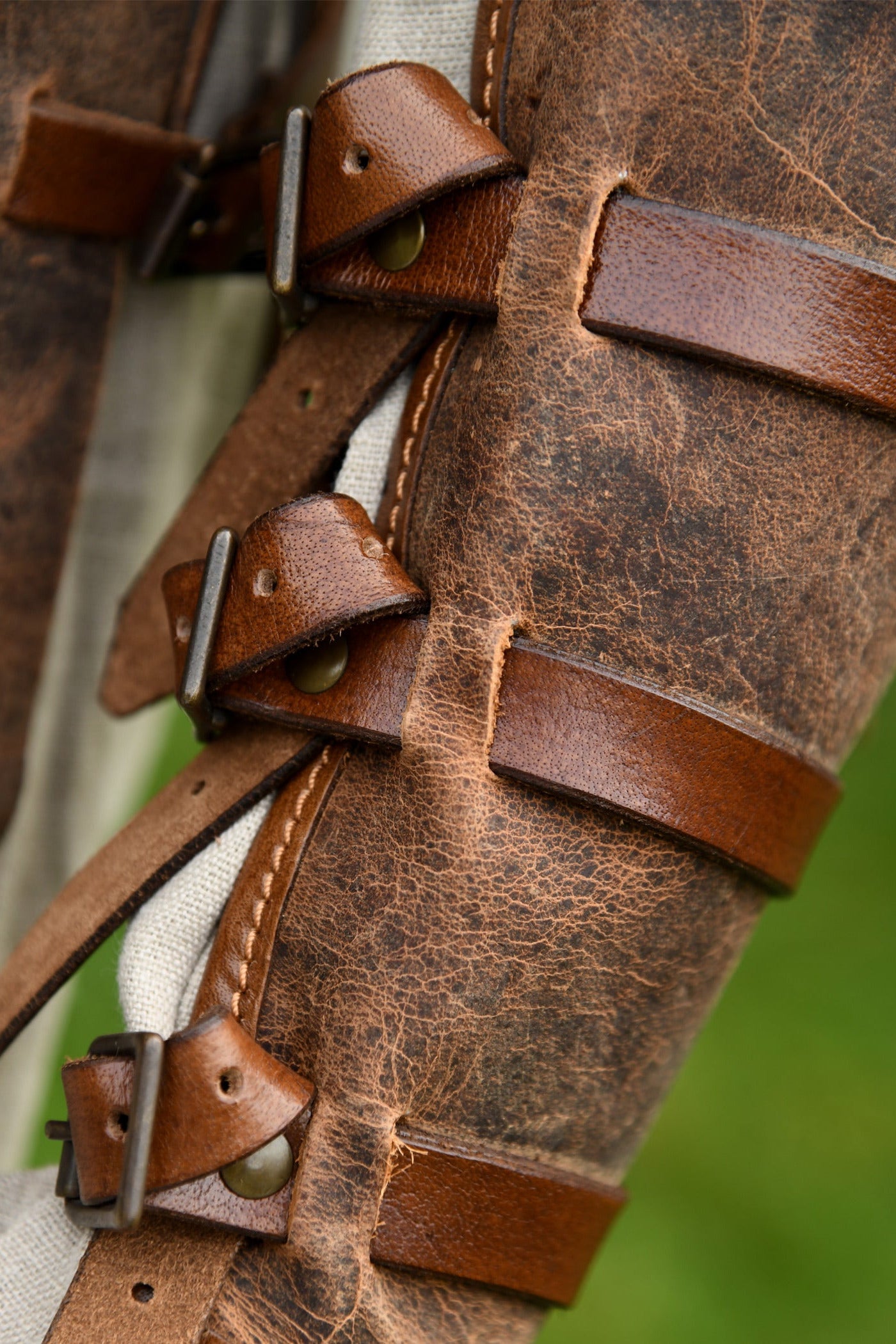 Medieval greaves made of strong leather, pair, brown