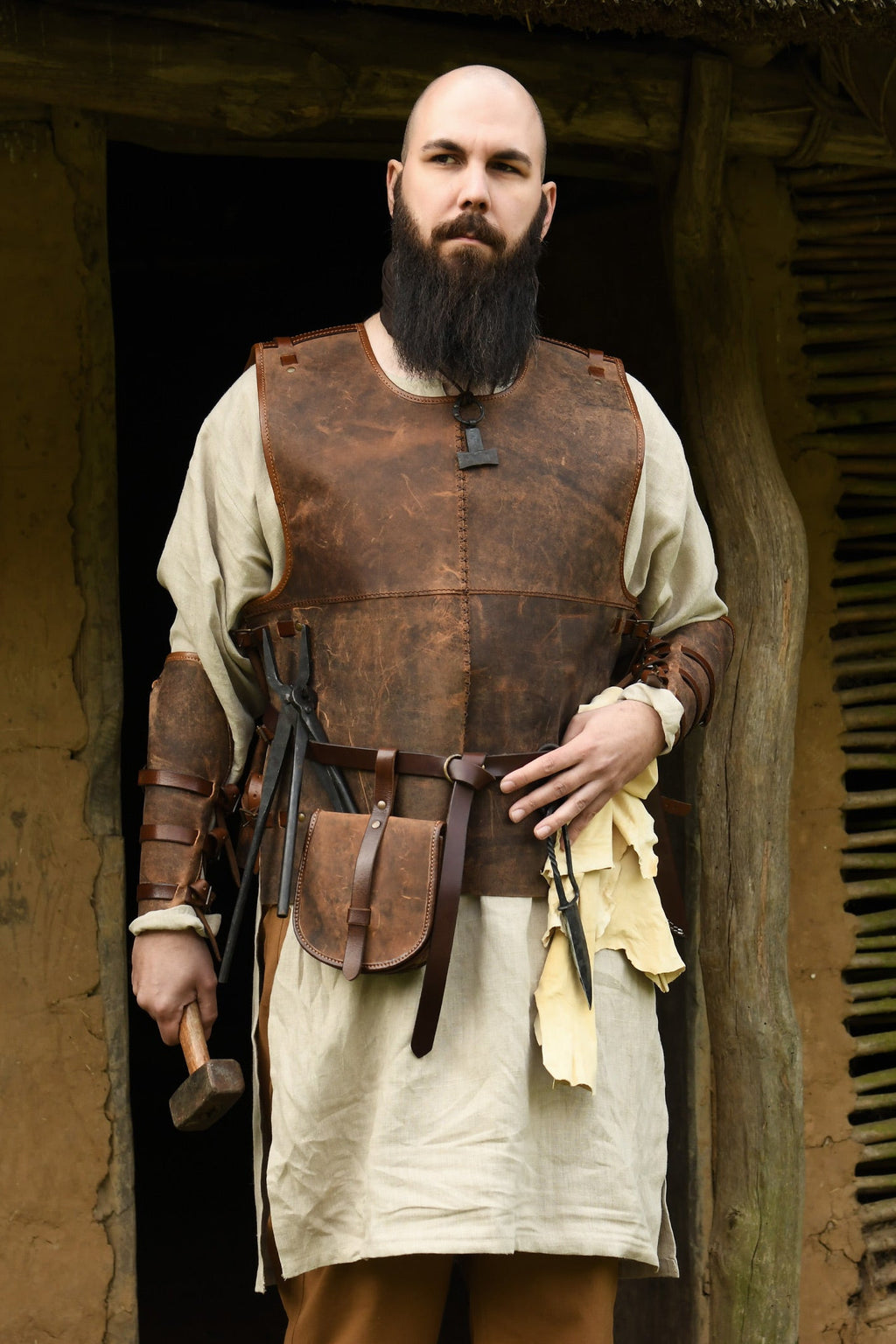 Medieval belt bag made of brown grease leather