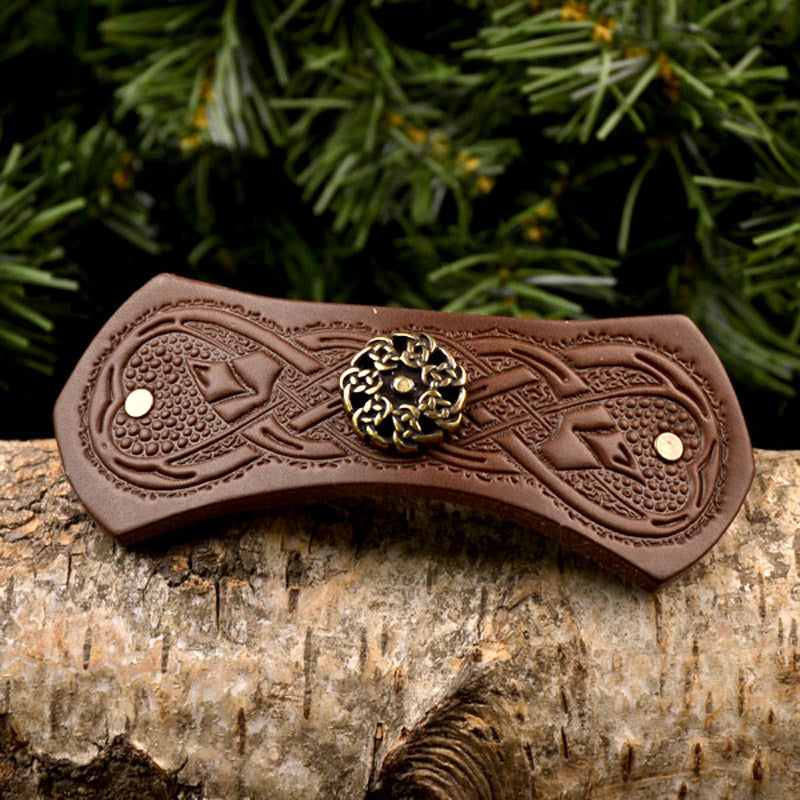 Medieval Leather Hair Clip with Decorative Rivet