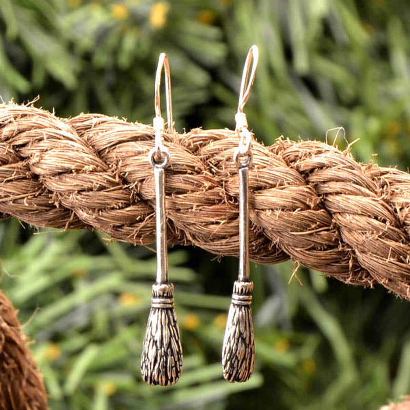 Witch's Broom Dangle Earrings in Silver