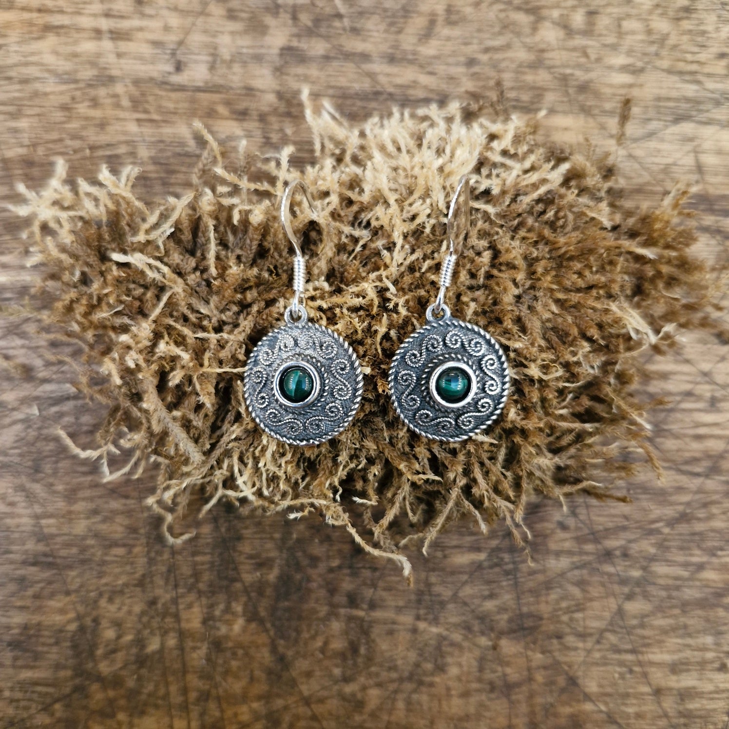 Silver dangle earrings with spiral pattern & gemstone