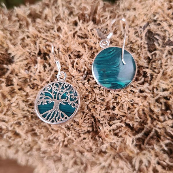 Tree of Life Earrings with Malachite, Sterling Silver