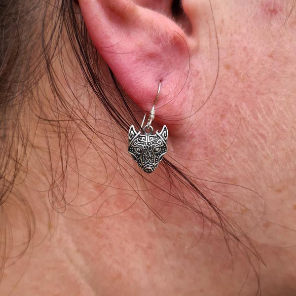 Celtic Wolf Head Silver Earrings