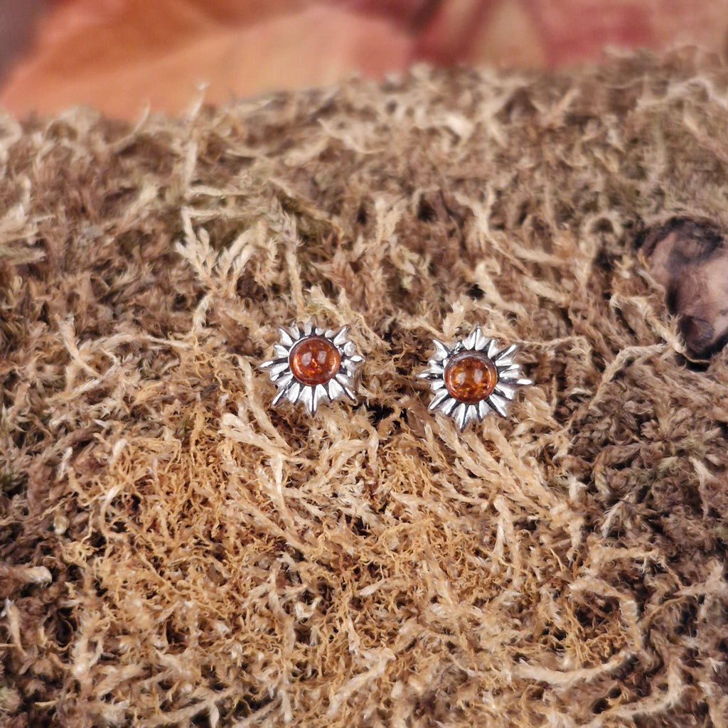 Silver Sun Stud Earrings with Amber
