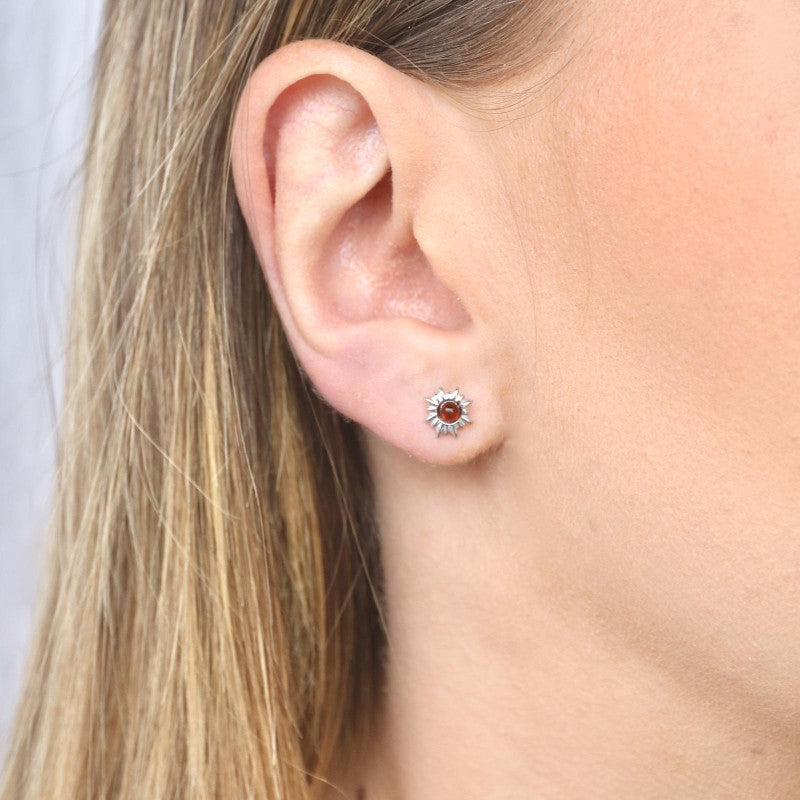 Silver Sun Stud Earrings with Amber