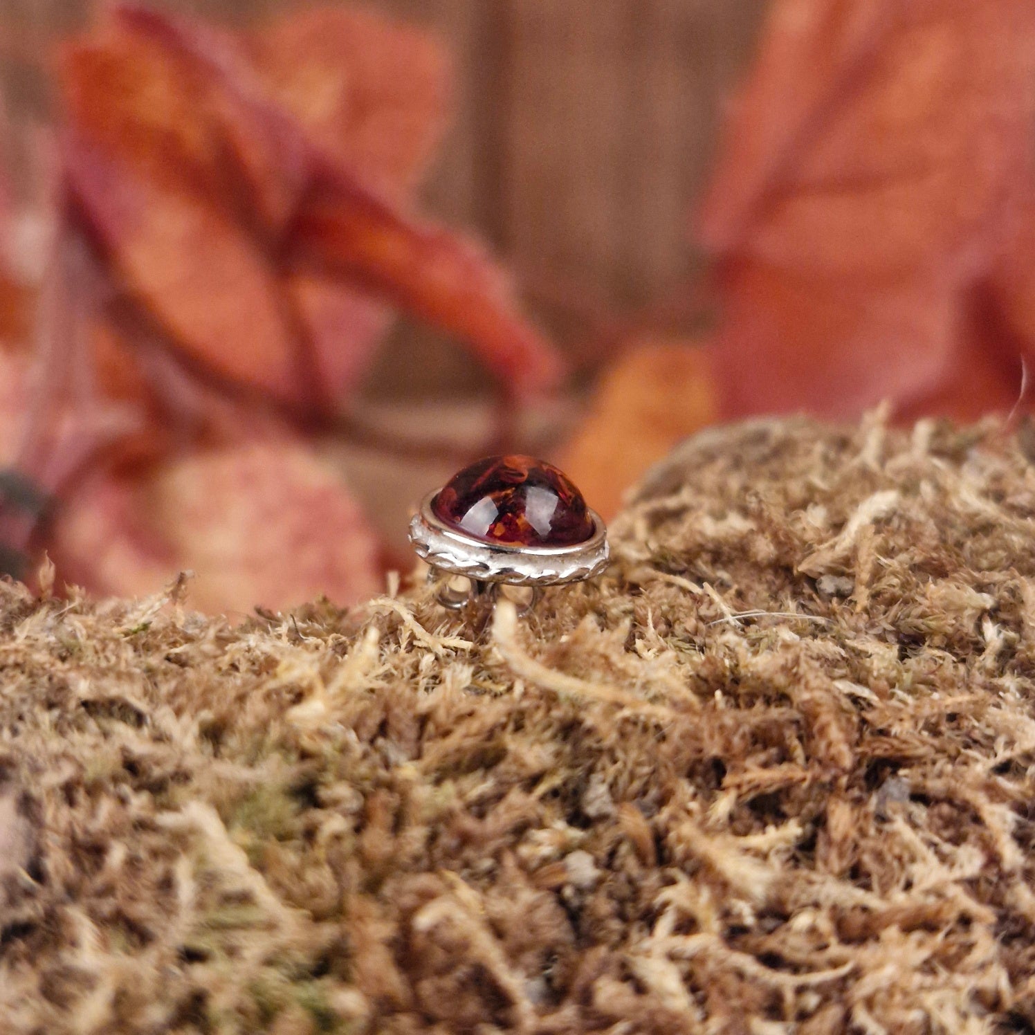 Stud earrings with round amber in rhodium-plated silver